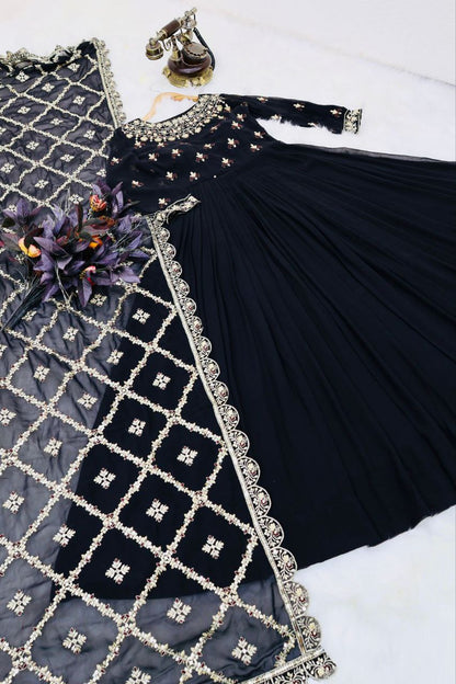 Stunning Georgette Embroidered Sequence Work Ready Made Gown Dupatta