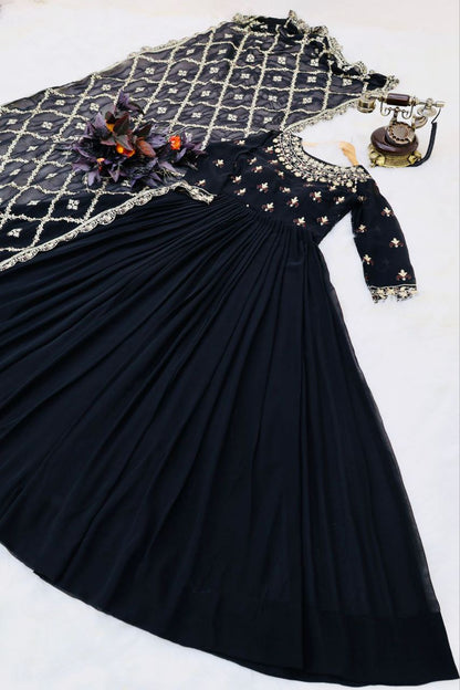 Stunning Georgette Embroidered Sequence Work Ready Made Gown Dupatta