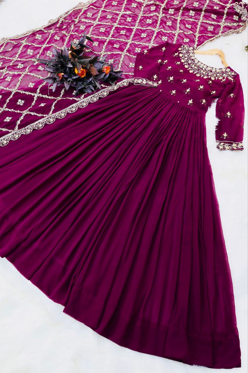 Stunning Georgette Embroidered Sequence Work Ready Made Gown Dupatta