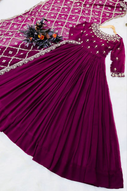 Stunning Georgette Embroidered Sequence Work Ready Made Gown Dupatta
