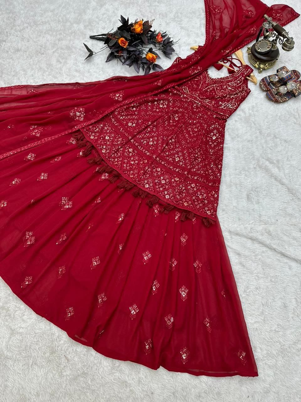 Awesome Red Color Georgette Sequence Embroidered Work Ready Made Indo Western Suit