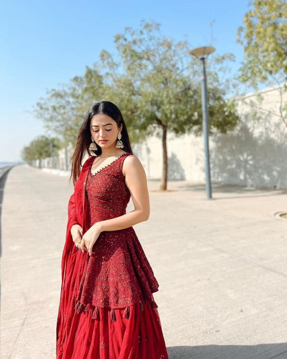 Awesome Red Color Georgette Sequence Embroidered Work Ready Made Indo Western Suit
