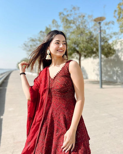 Awesome Red Color Georgette Sequence Embroidered Work Ready Made Indo Western Suit