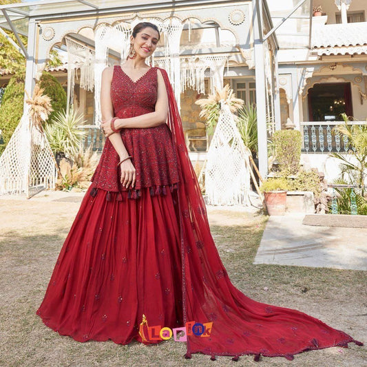 Awesome Red Color Georgette Sequence Embroidered Work Ready Made Indo Western Suit