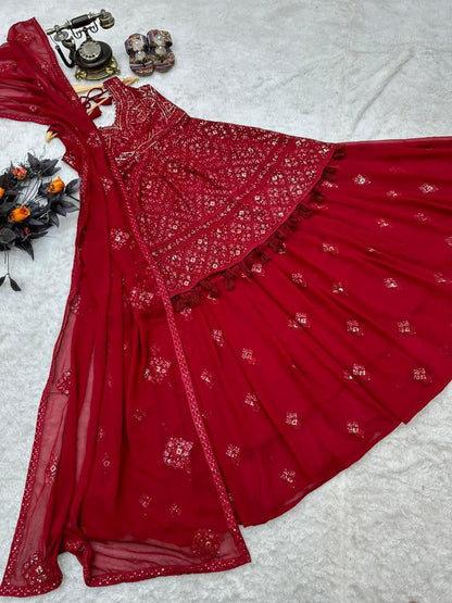Awesome Red Color Georgette Sequence Embroidered Work Ready Made Indo Western Suit