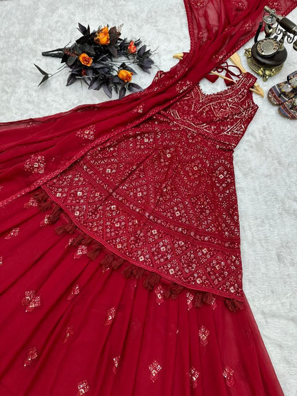 Awesome Red Color Georgette Sequence Embroidered Work Ready Made Indo Western Suit