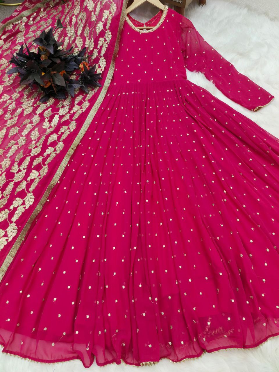 Awesome Maroon Color Georgette Embroidered Sequence Work Gown Dupatta