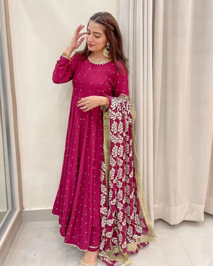 Awesome Maroon Color Georgette Embroidered Sequence Work Gown Dupatta