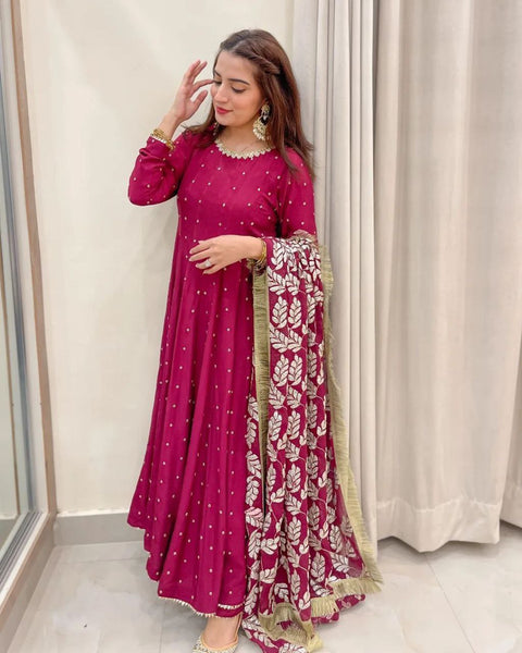 Amazing Maroon Color Georgette Sequence Embroidered Work Gown Dupatta