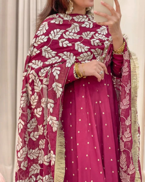 Amazing Maroon Color Georgette Sequence Embroidered Work Gown Dupatta