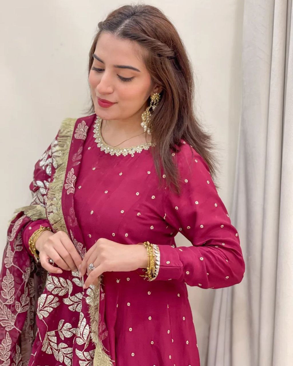 Awesome Maroon Color Georgette Embroidered Sequence Work Gown Dupatta
