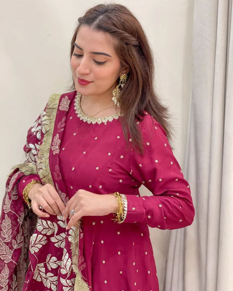 Amazing Maroon Color Georgette Sequence Embroidered Work Gown Dupatta