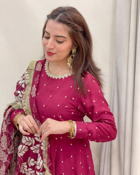 Amazing Maroon Color Georgette Sequence Embroidered Work Gown Dupatta