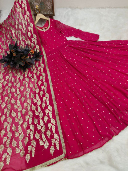 Awesome Maroon Color Georgette Embroidered Sequence Work Gown Dupatta