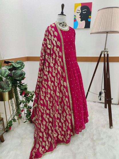 Awesome Maroon Color Georgette Embroidered Sequence Work Gown Dupatta