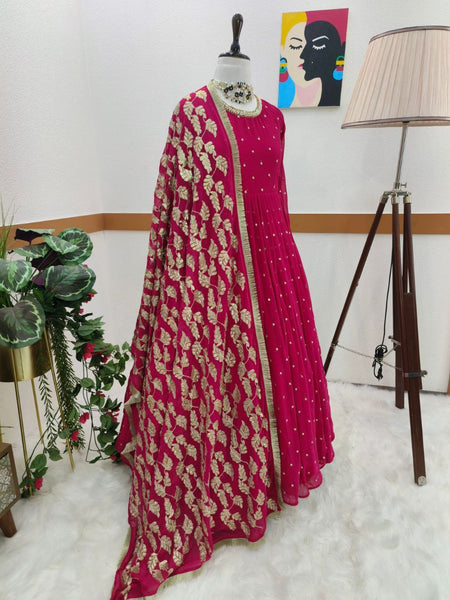 Amazing Maroon Color Georgette Sequence Embroidered Work Gown Dupatta