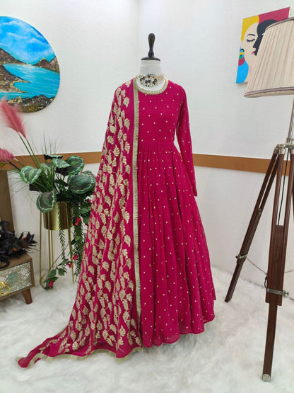 Awesome Maroon Color Georgette Embroidered Sequence Work Gown Dupatta
