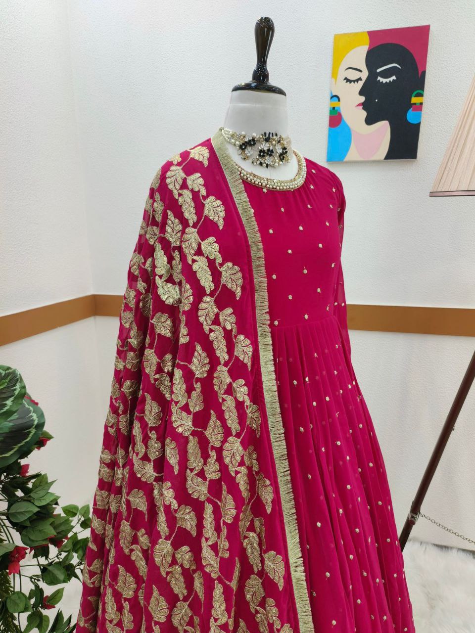 Awesome Maroon Color Georgette Embroidered Sequence Work Gown Dupatta