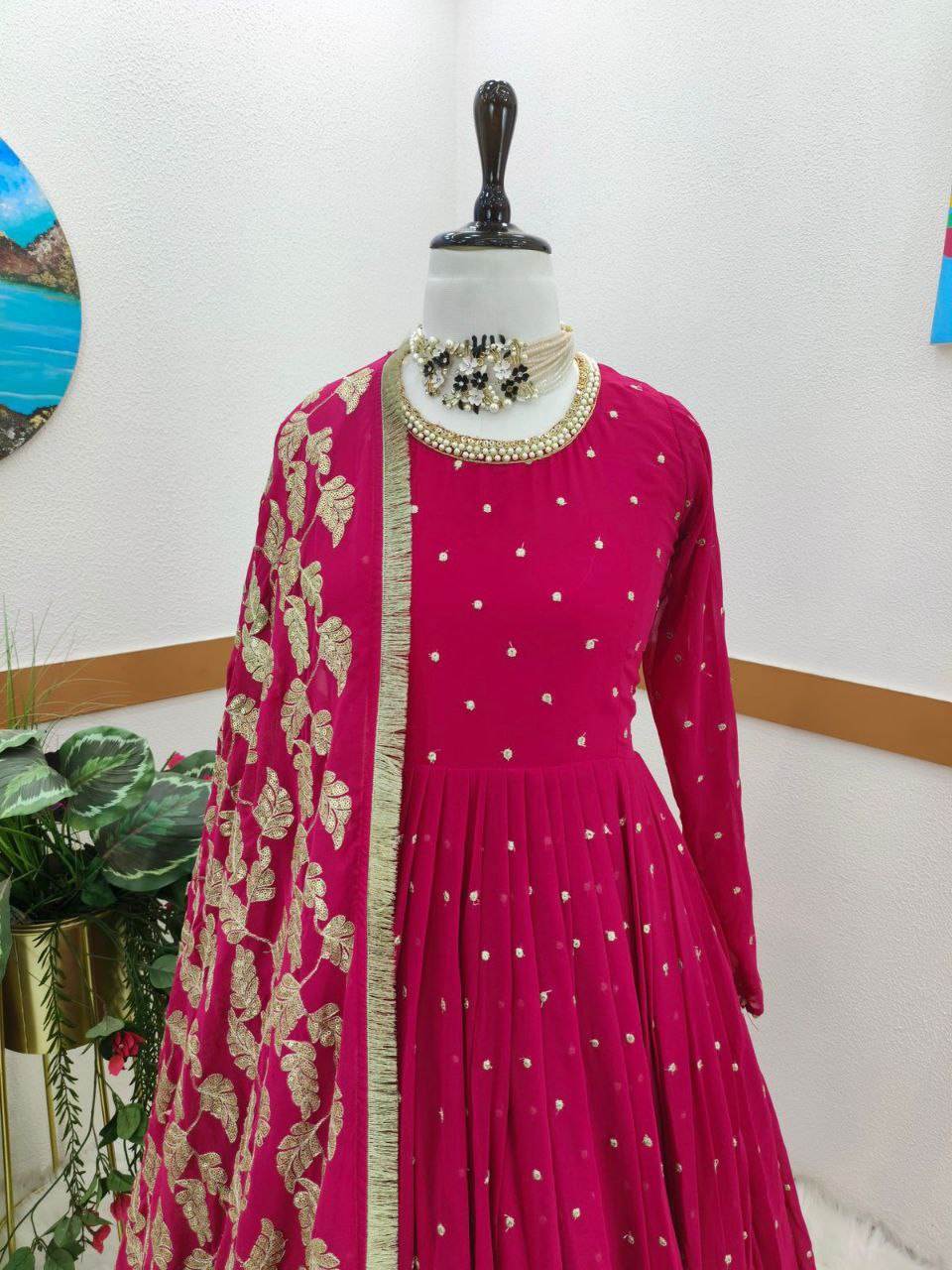 Amazing Maroon Color Georgette Sequence Embroidered Work Gown Dupatta