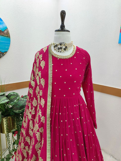 Amazing Maroon Color Georgette Sequence Embroidered Work Gown Dupatta