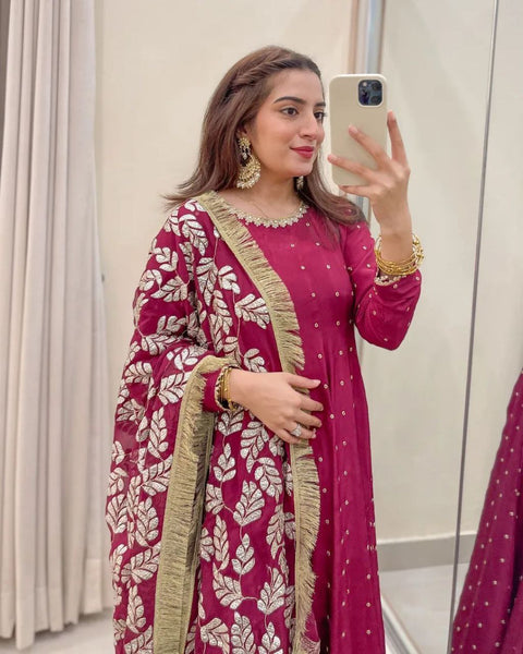 Amazing Maroon Color Georgette Sequence Embroidered Work Gown Dupatta