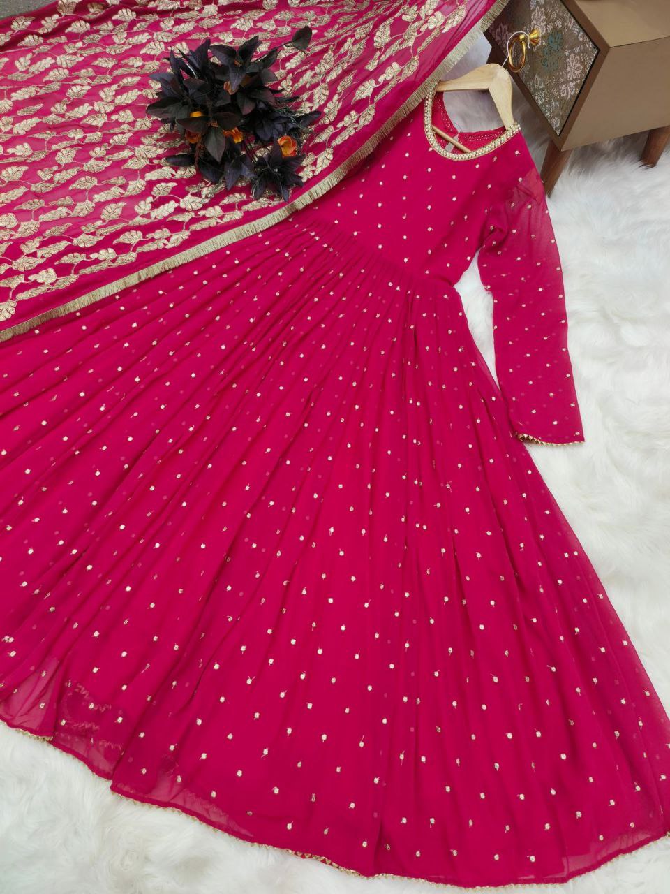 Amazing Maroon Color Georgette Sequence Embroidered Work Gown Dupatta