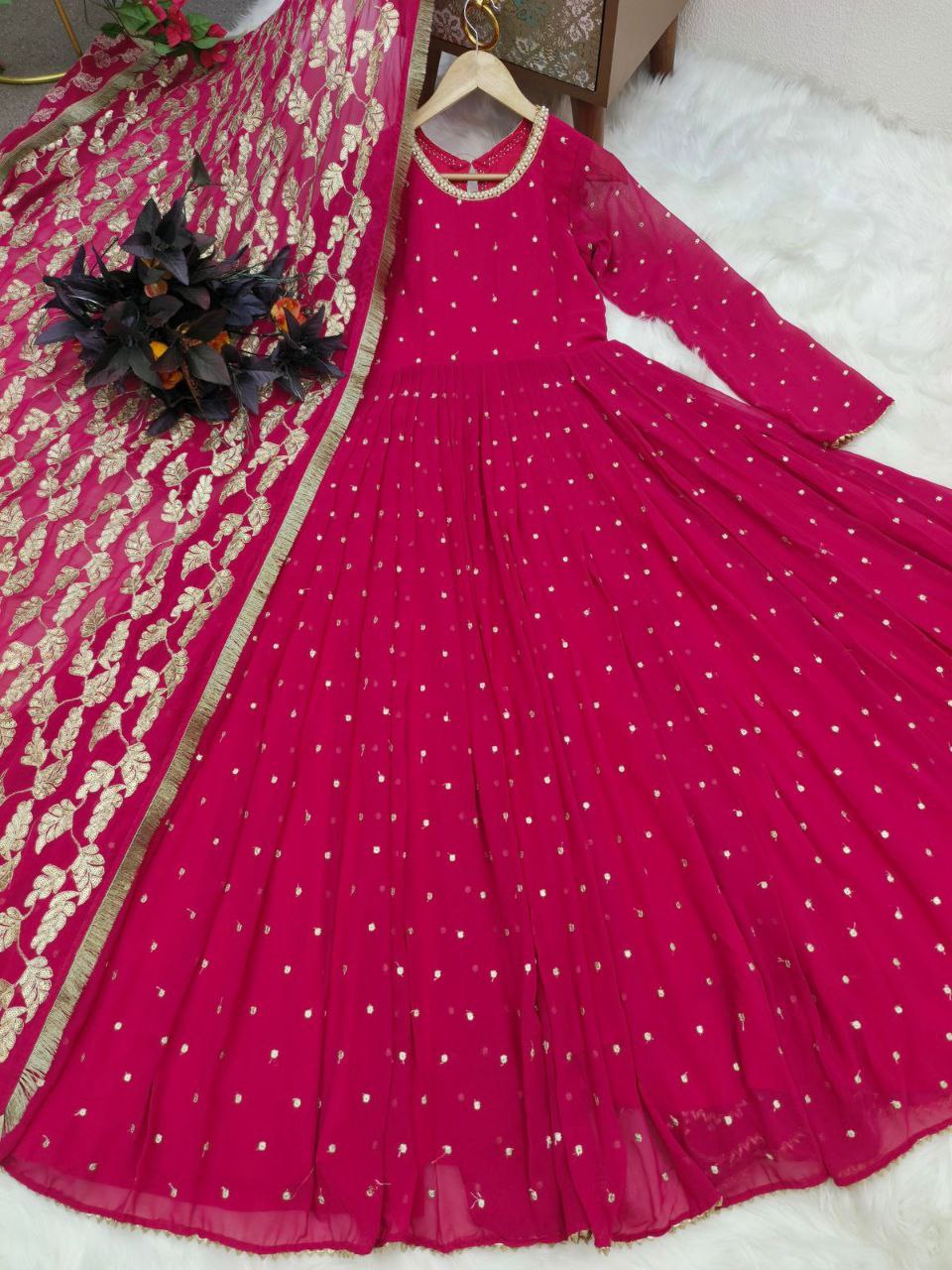 Amazing Maroon Color Georgette Sequence Embroidered Work Gown Dupatta