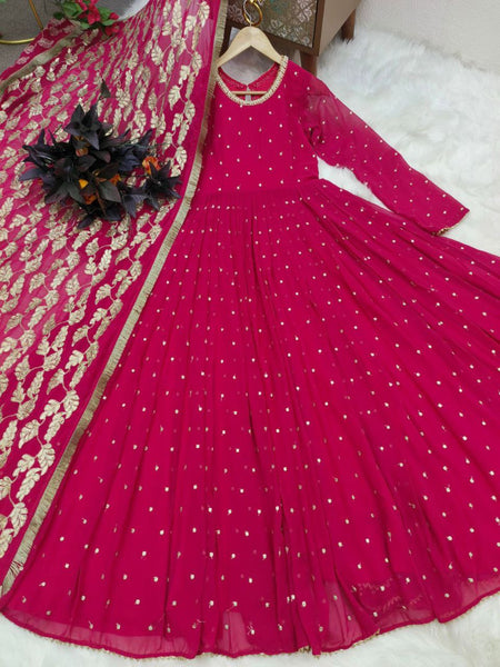 Awesome Maroon Color Georgette Embroidered Sequence Work Gown Dupatta