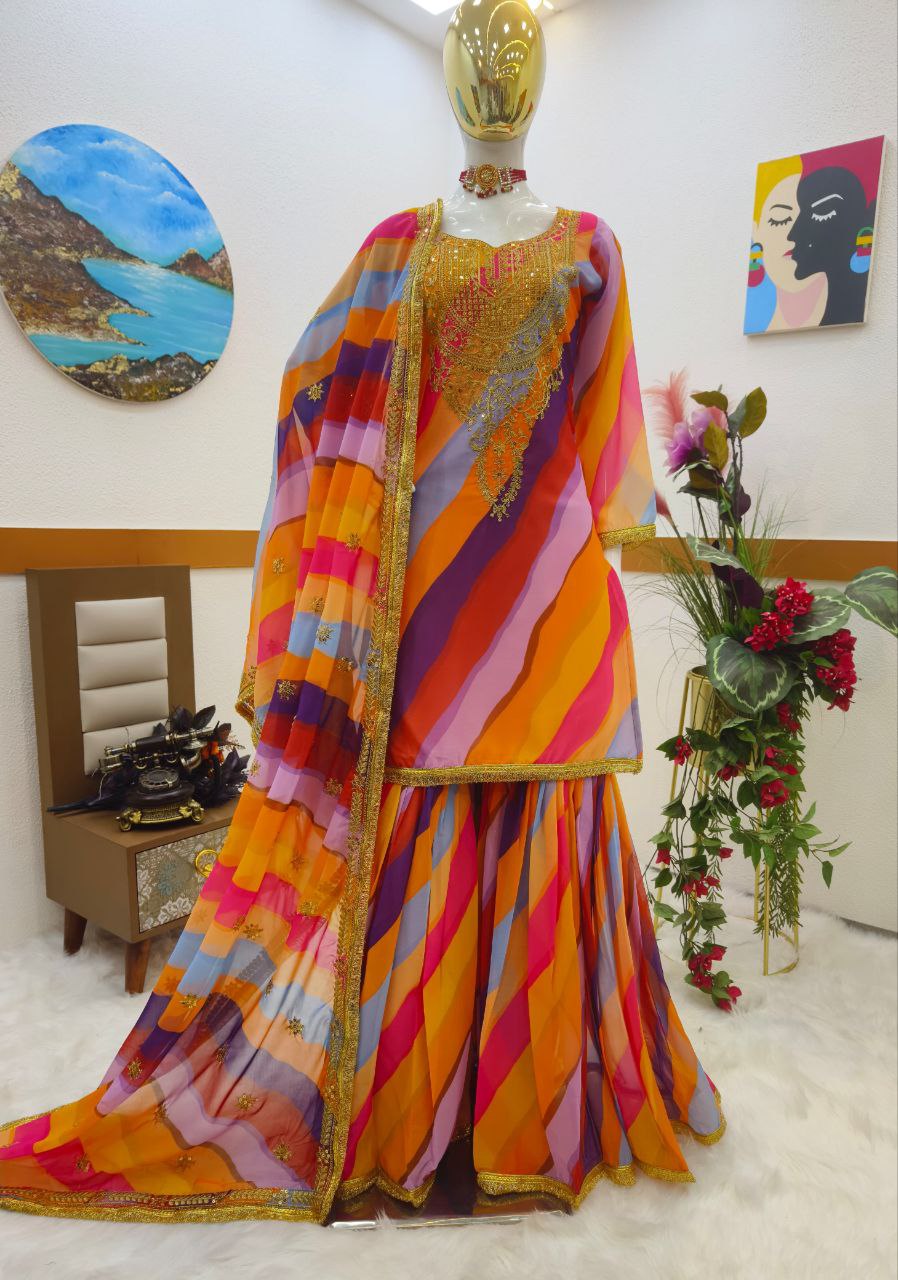 Multi Color Party Wear Georgette Coding Sequence Work Sharara Suit