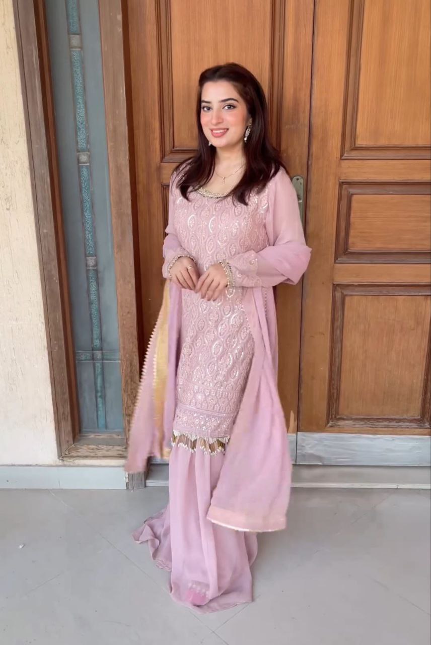 Peach Color Georgette Sequence Embroidered Work Sharara Salwar Suit