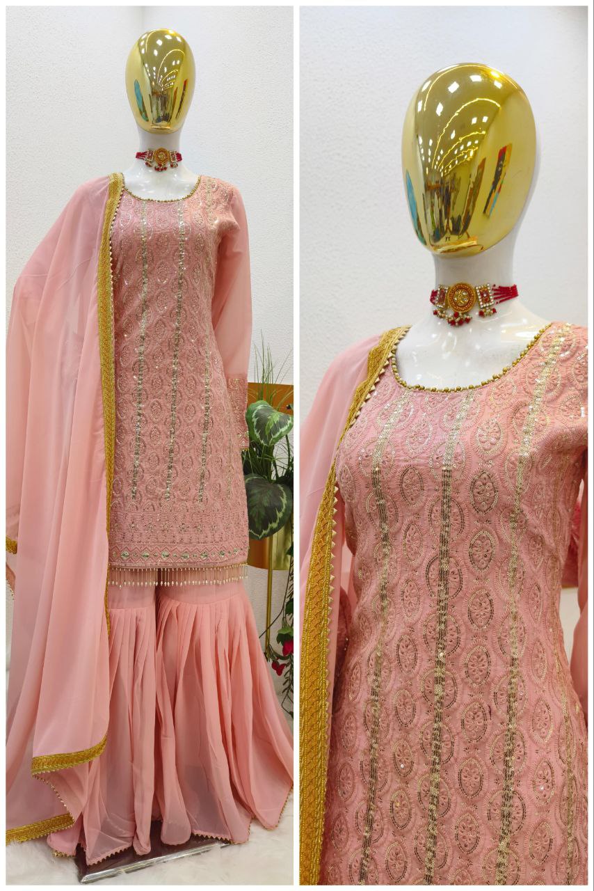 Peach Color Georgette Sequence Embroidered Work Sharara Salwar Suit