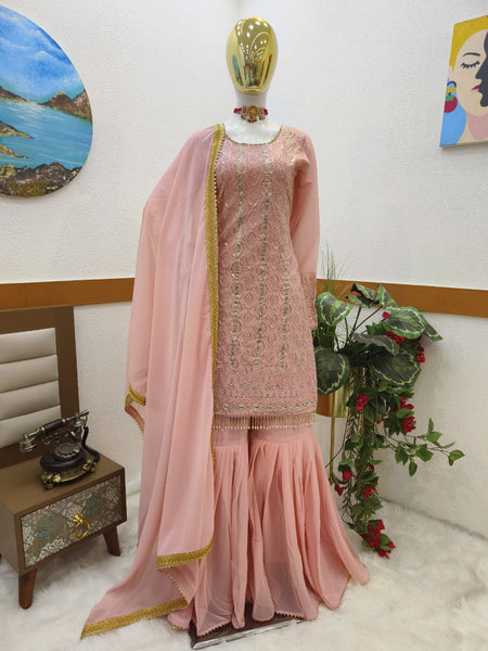 Peach Color Georgette Sequence Embroidered Work Sharara Salwar Suit