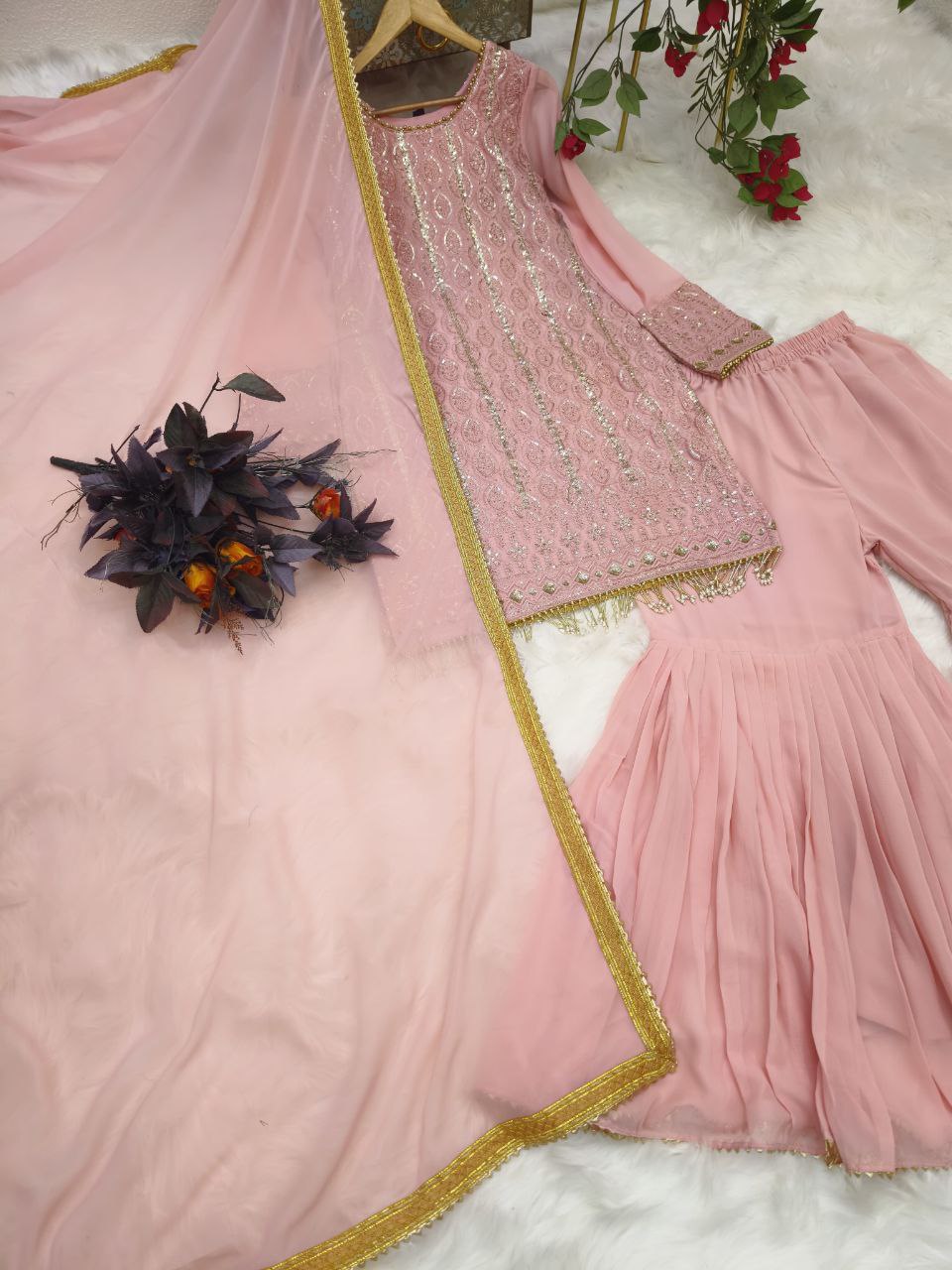 Peach Color Georgette Sequence Embroidered Work Sharara Salwar Suit