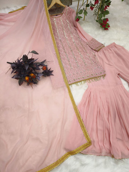 Peach Color Georgette Sequence Embroidered Work Sharara Salwar Suit