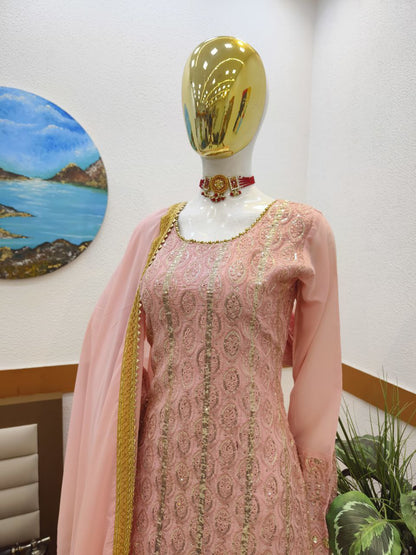 Peach Color Georgette Sequence Embroidered Work Sharara Salwar Suit