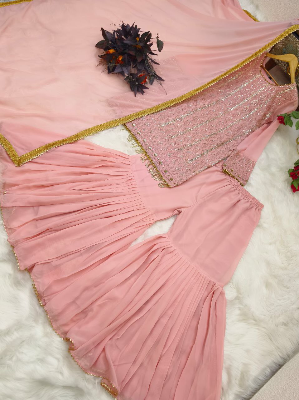 Peach Color Georgette Sequence Embroidered Work Sharara Salwar Suit