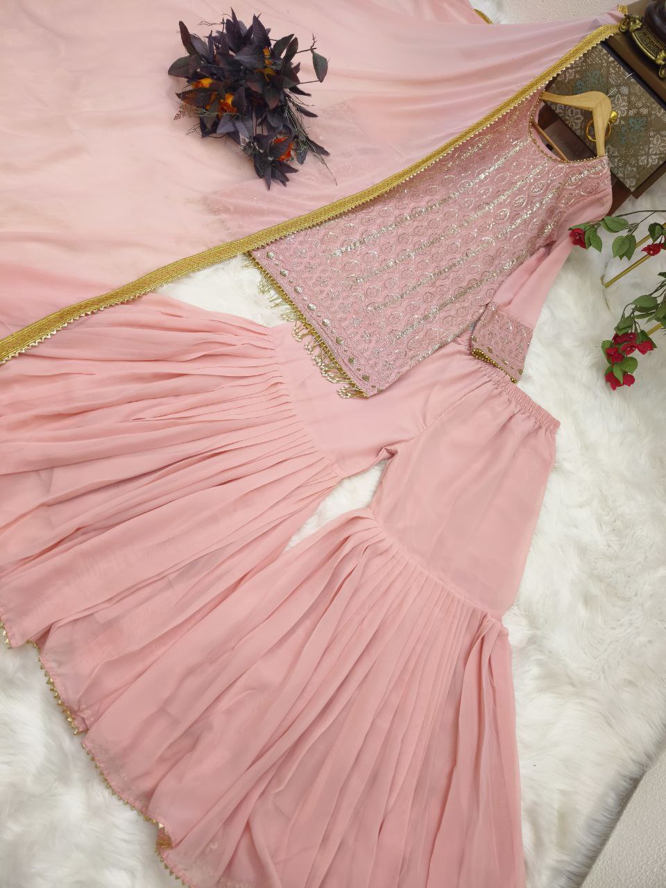 Peach Color Georgette Sequence Embroidered Work Sharara Salwar Suit