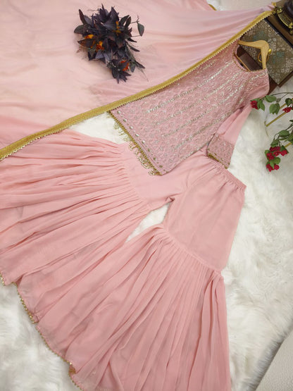 Peach Color Georgette Sequence Embroidered Work Sharara Salwar Suit