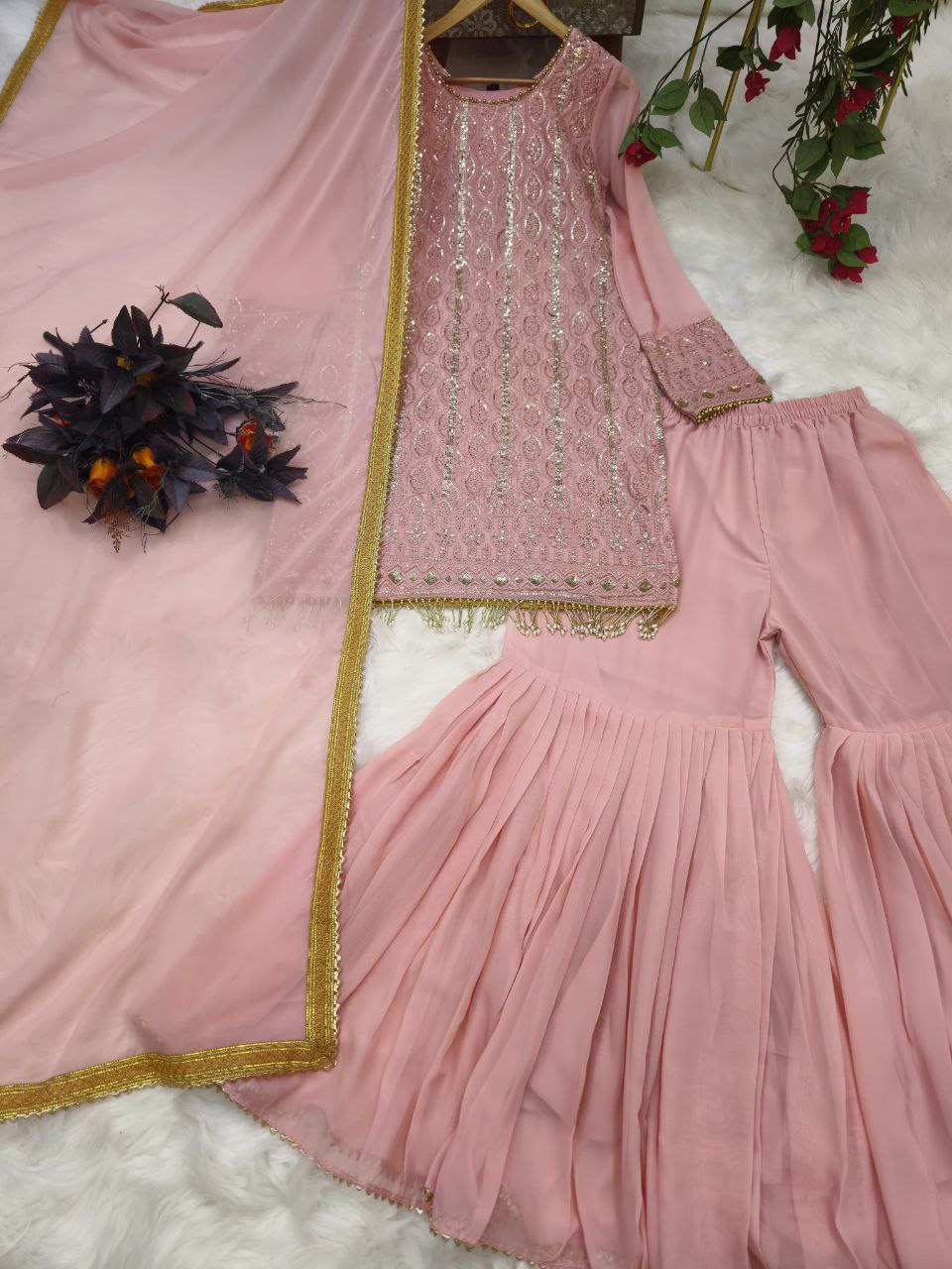 Peach Color Georgette Sequence Embroidered Work Sharara Salwar Suit