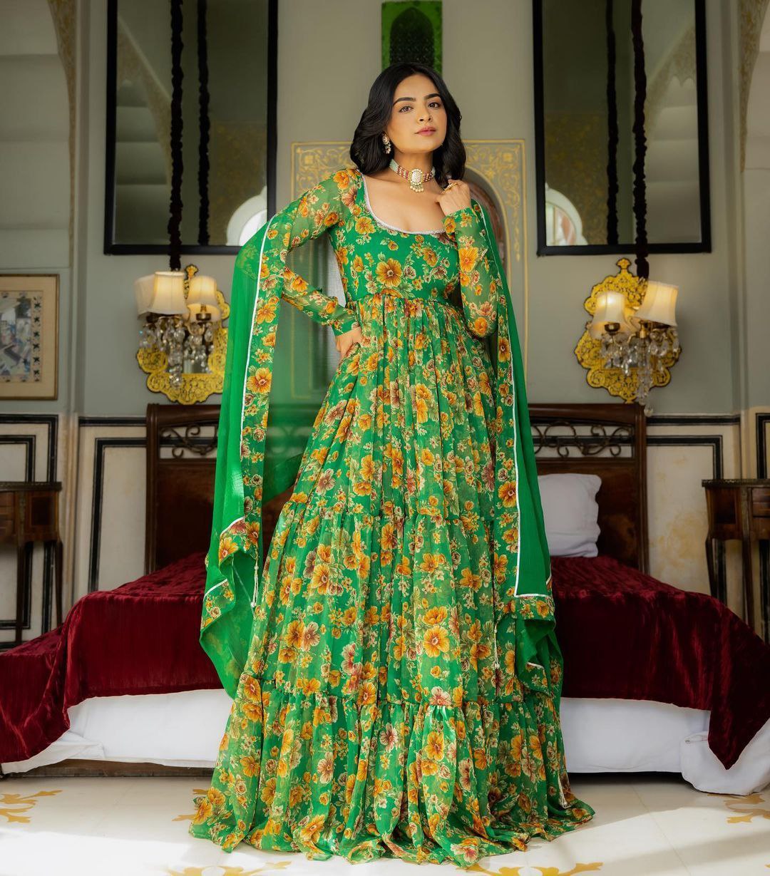 Green Color Party Wear Georgette Printed Ruffle Ready Made Gown Dupatt –  Ville Fashions