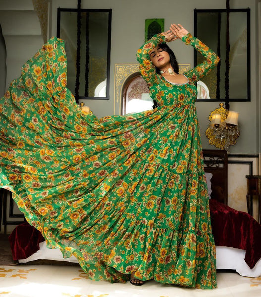 Green Color Party Wear Georgette Printed Ruffle Ready Made Gown Dupatta