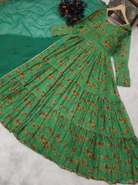 Green Color Party Wear Georgette Printed Ruffle Ready Made Gown Dupatta