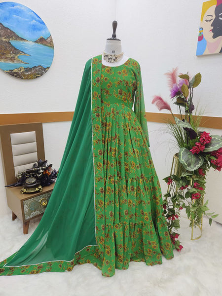 Green Color Party Wear Georgette Printed Ruffle Ready Made Gown Dupatta