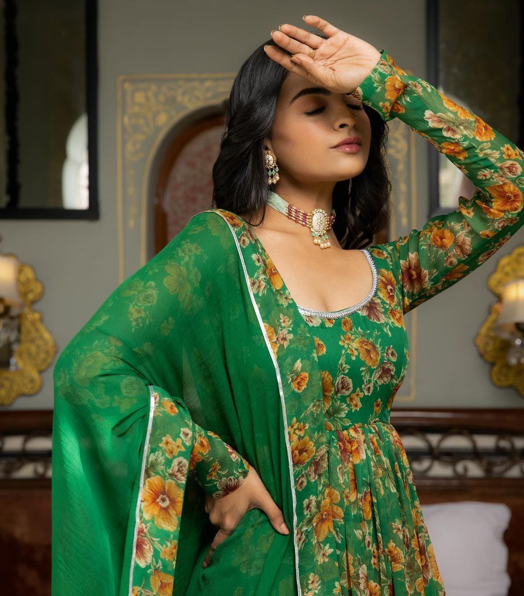 Green Color Party Wear Georgette Printed Ruffle Ready Made Gown Dupatta