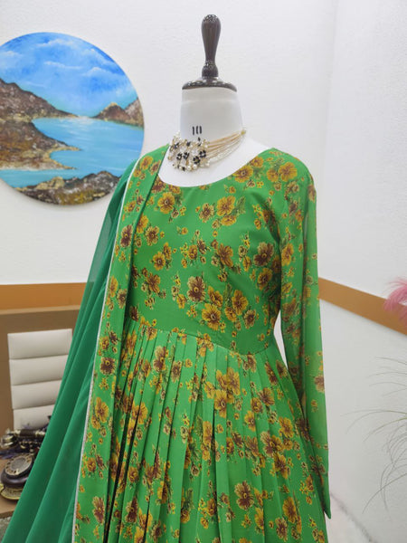 Green Color Party Wear Georgette Printed Ruffle Ready Made Gown Dupatta
