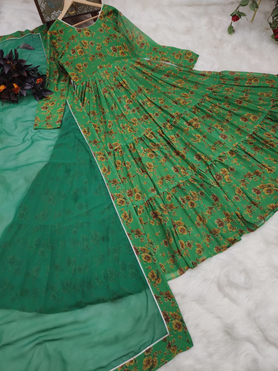 Green Color Party Wear Georgette Printed Ruffle Ready Made Gown Dupatta