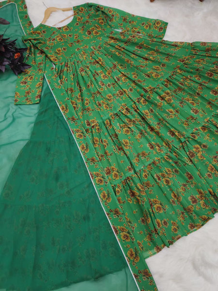 Green Color Party Wear Georgette Printed Ruffle Ready Made Gown Dupatta