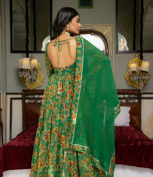 Green Color Party Wear Georgette Printed Ruffle Ready Made Gown Dupatta