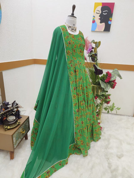 Green Color Party Wear Georgette Printed Ruffle Ready Made Gown Dupatta