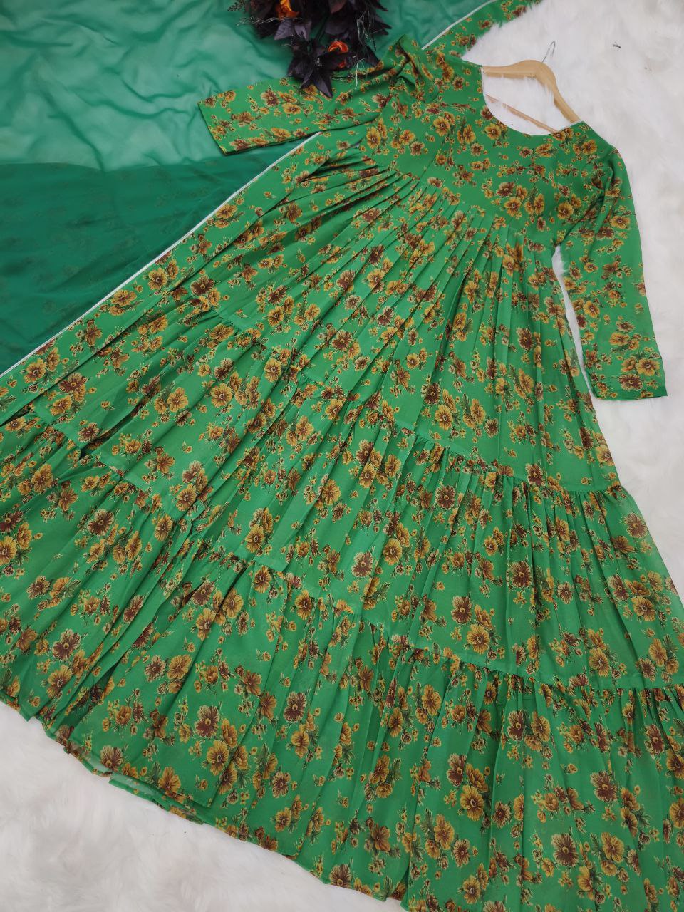 Green Color Party Wear Georgette Printed Ruffle Ready Made Gown Dupatta
